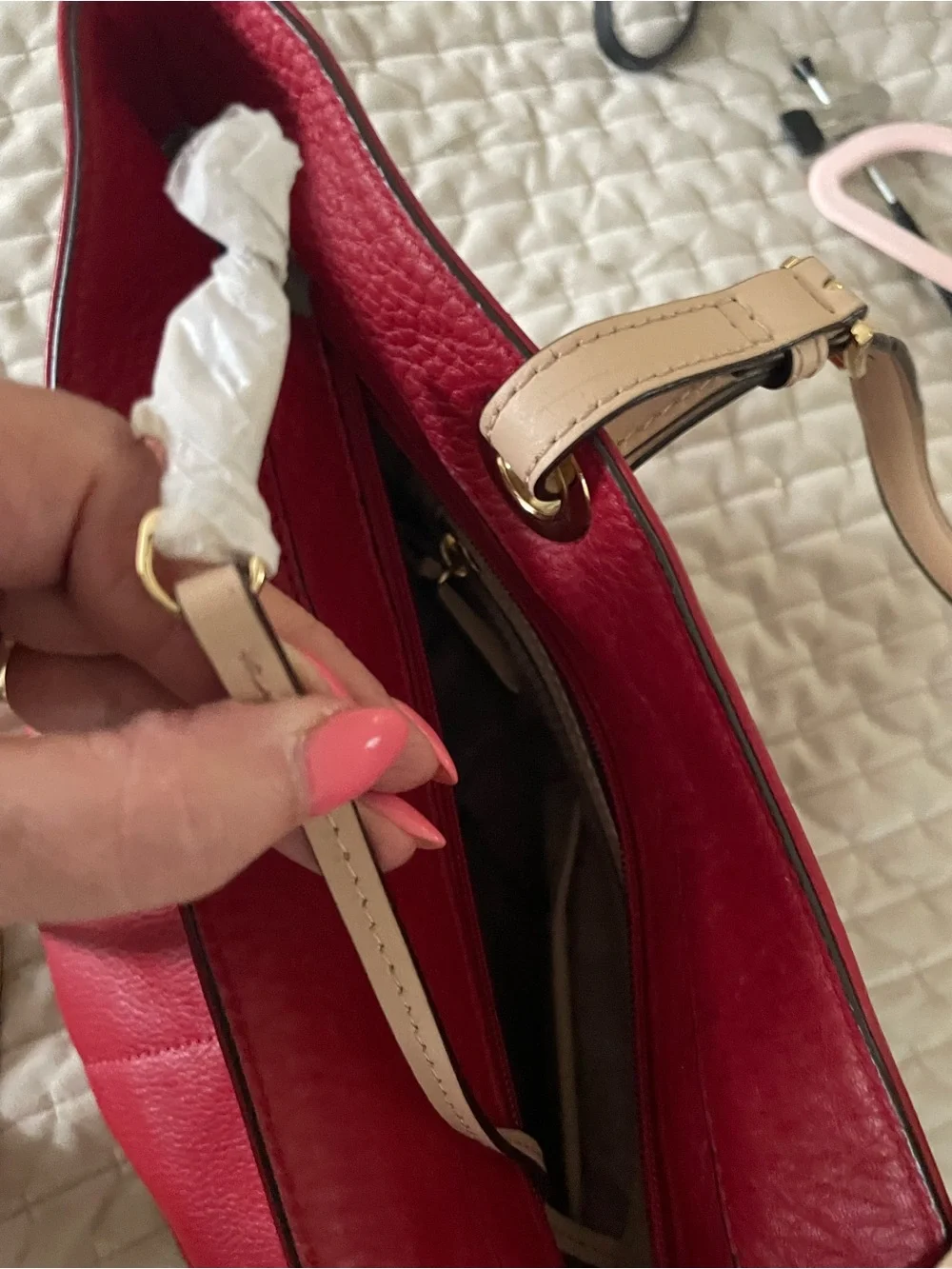 MICHAEL KORS Red Leather Tote with Beige Handles